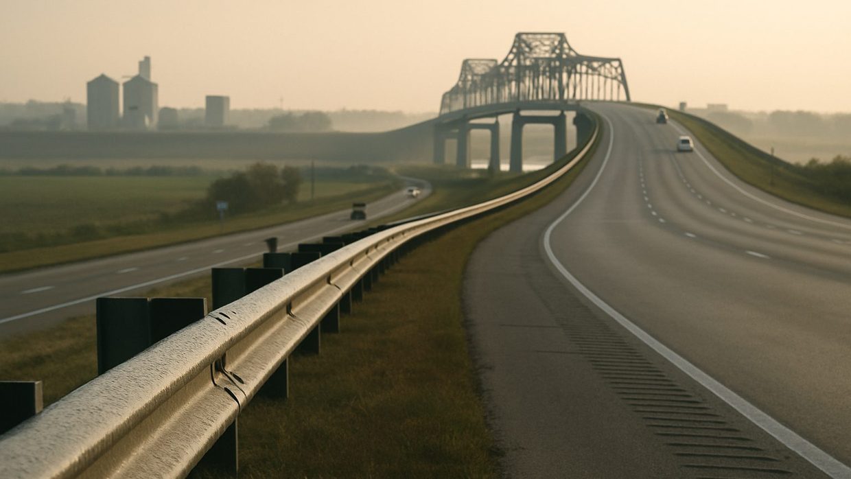 An interstate approach rising toward a steel truss bridge over the river at hazy morning, grain elevators on the flat Illinois bottomland