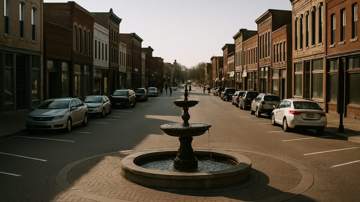 A brick main street in a small Illinois downtown on a clear morning, a stone fountain in the middle of the street and angled parking