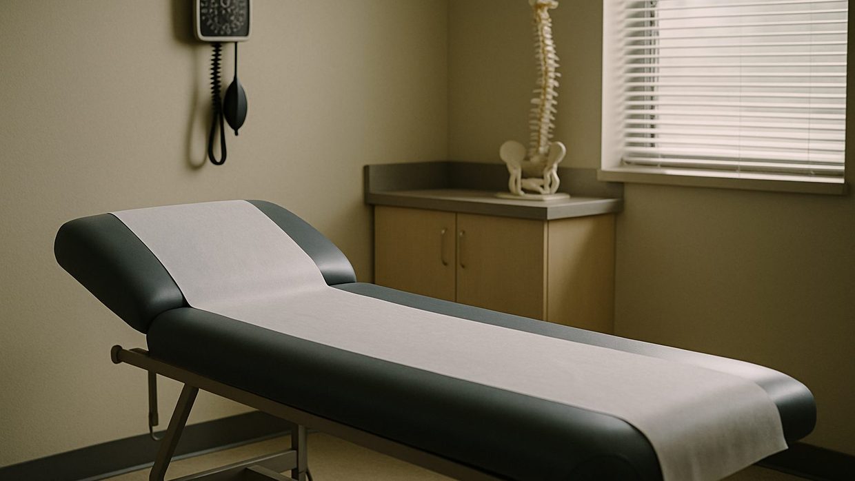 An empty chiropractic exam room with a padded treatment table, a spine model on the counter, and window light through blinds