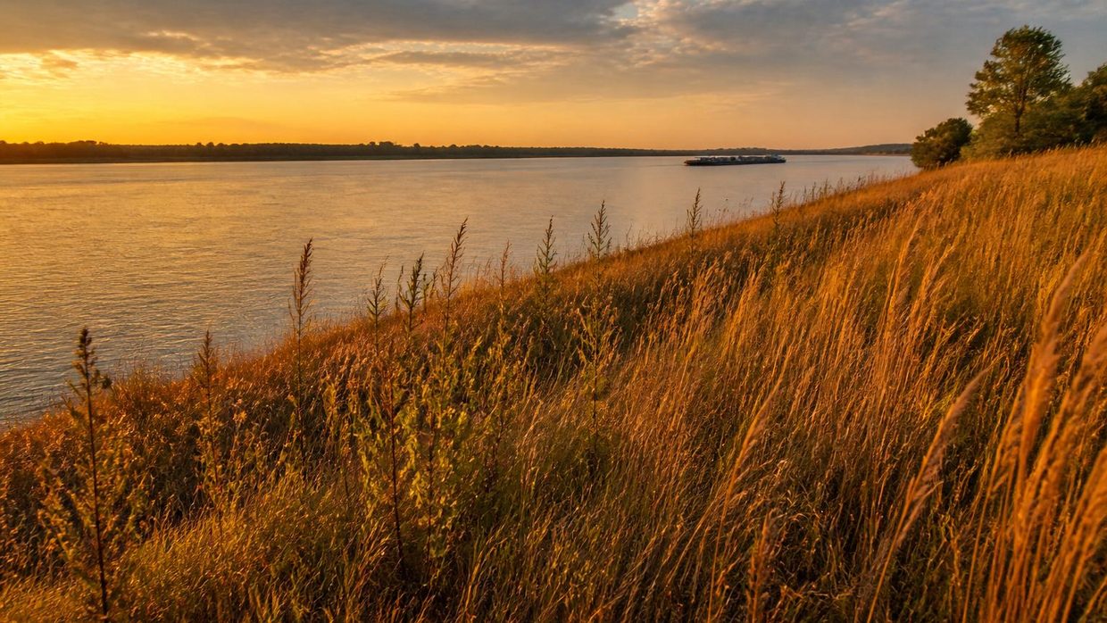 The Mississippi River at sunset seen from tall grass on the Illinois bank, a towboat pushing barges in the distance