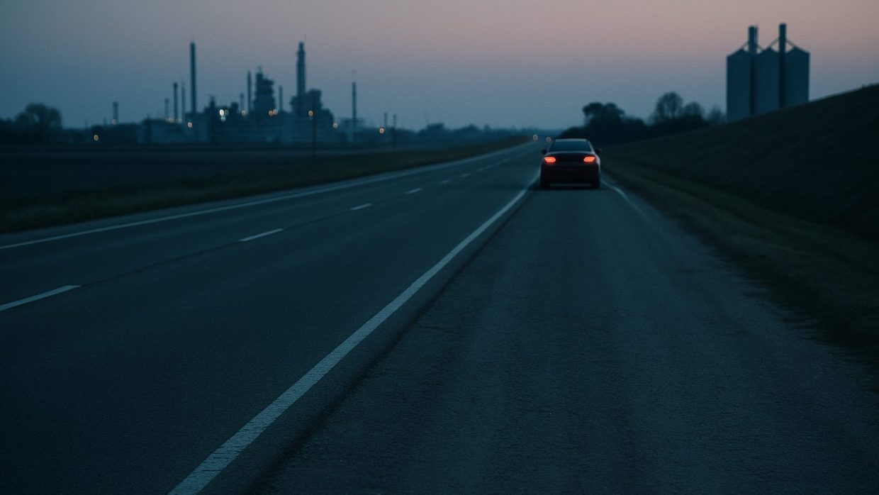 A flat state highway at dusk through industrial river bottomland, a single car's taillights ahead, a refinery and silos on the horizon