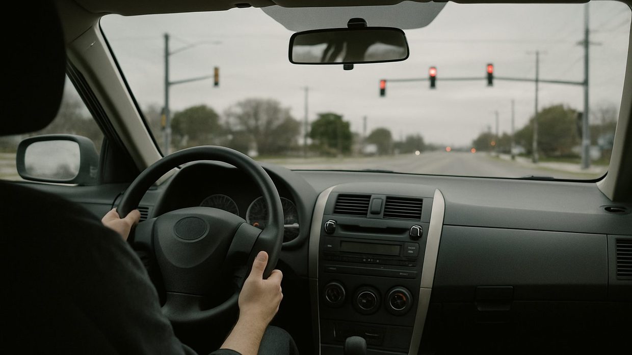 Inside a parked car at a red light on an overcast morning, hands resting on the steering wheel, a suburban intersection through the windshield